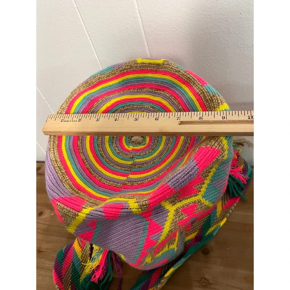 Handmade‎ Woven Crochet Bag Multi Color Diamond Pattern Tassels Shoulder Bag